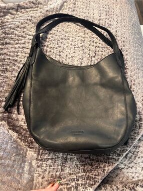 Margot NY Black Leather Shoulder Hobo with Tassel Accent